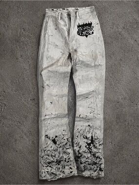 Handmade ABO White Paint-Splatter Waxed Flared Pants